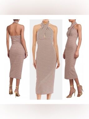 Amanda Uprichard Conchette Brown and White Striped Halter Bodycon Midi Dress